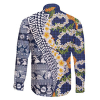 Hawaiian Plumeria Lei Family Matching Summer Maxi Dress and Hawaiian Shirt Kakau Motifs and Palaka Half Style Blue Color - Polynesian Pride