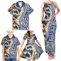 Hawaiian Plumeria Lei Family Matching Tank Maxi Dress and Hawaiian Shirt Kakau Motifs and Palaka Half Style Blue Color - Polynesian Pride