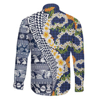 Hawaiian Plumeria Lei Family Matching Tank Maxi Dress and Hawaiian Shirt Kakau Motifs and Palaka Half Style Blue Color LT03 - Polynesian Pride