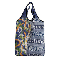 Hawaiian Plumeria Lei Grocery Bag Kakau Motifs and Palaka Half Style Blue Color - Polynesian Pride