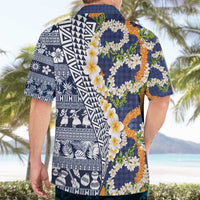 Hawaiian Plumeria Lei Hawaiian Shirt Kakau Motifs and Palaka Half Style Blue Color - Polynesian Pride