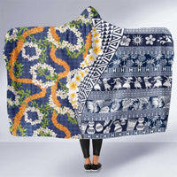 Hawaiian Plumeria Lei Hooded Blanket Kakau Motifs and Palaka Half Style Blue Color - Polynesian Pride