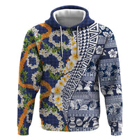 Hawaiian Plumeria Lei Hoodie Kakau Motifs and Palaka Half Style Blue Color - Polynesian Pride