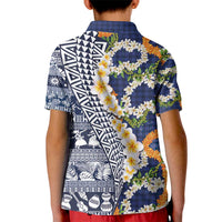 Hawaiian Plumeria Lei Kid Polo Shirt Kakau Motifs and Palaka Half Style Blue Color - Polynesian Pride