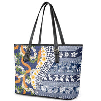 Hawaiian Plumeria Lei Leather Tote Bag Kakau Motifs and Palaka Half Style Blue Color - Polynesian Pride