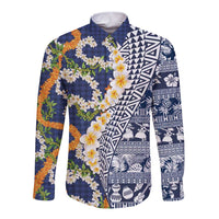 Hawaiian Plumeria Lei Long Sleeve Button Shirt Kakau Motifs and Palaka Half Style Blue Color - Polynesian Pride