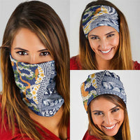 Hawaiian Plumeria Lei Neck Gaiter Kakau Motifs and Palaka Half Style Blue Color - Polynesian Pride