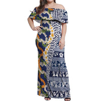 Hawaiian Plumeria Lei Off Shoulder Maxi Dress Kakau Motifs and Palaka Half Style Blue Color - Polynesian Pride