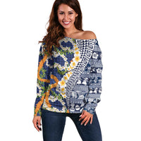 Hawaiian Plumeria Lei Off Shoulder Sweater Kakau Motifs and Palaka Half Style Blue Color - Polynesian Pride