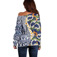 Hawaiian Plumeria Lei Off Shoulder Sweater Kakau Motifs and Palaka Half Style Blue Color - Polynesian Pride