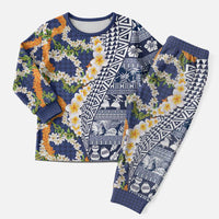 Hawaiian Plumeria Lei Christmas Pajama Set Kakau Motifs and Palaka Half Style Blue Color - Polynesian Pride