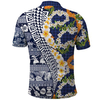 Hawaiian Plumeria Lei Polo Shirt Kakau Motifs and Palaka Half Style Blue Color - Polynesian Pride