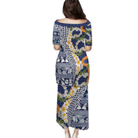 Hawaiian Plumeria Lei Puletasi Kakau Motifs and Palaka Half Style Blue Color - Polynesian Pride