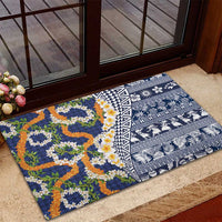 Hawaiian Plumeria Lei Rubber Doormat Kakau Motifs and Palaka Half Style Blue Color - Polynesian Pride