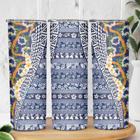 Hawaiian Plumeria Lei Skinny Tumbler Kakau Motifs and Palaka Half Style Blue Color - Polynesian Pride