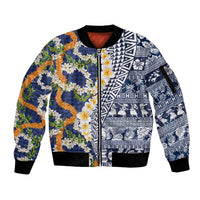Hawaiian Plumeria Lei Sleeve Zip Bomber Jacket Kakau Motifs and Palaka Half Style Blue Color LT03 Unisex Blue - Polynesian Pride