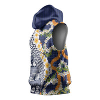 Hawaiian Plumeria Lei Sleeveless Hoodie Kakau Motifs and Palaka Half Style Blue Color - Polynesian Pride