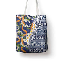 Hawaiian Plumeria Lei Tote Bag Kakau Motifs and Palaka Half Style Blue Color - Polynesian Pride