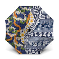 Hawaiian Plumeria Lei Umbrella Kakau Motifs and Palaka Half Style Blue Color LT03 One Size Folded 11.42 inch Opened Diameter 37.4 inch Blue - Polynesian Pride