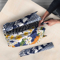 Hawaiian Plumeria Lei Umbrella Kakau Motifs and Palaka Half Style Blue Color LT03 - Polynesian Pride