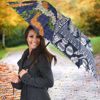Hawaiian Plumeria Lei Umbrella Kakau Motifs and Palaka Half Style Blue Color LT03 - Polynesian Pride