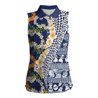 Hawaiian Plumeria Lei Women Sleeveless Polo Shirt Kakau Motifs and Palaka Half Style Blue Color - Polynesian Pride