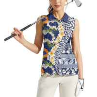 Hawaiian Plumeria Lei Women Sleeveless Polo Shirt Kakau Motifs and Palaka Half Style Blue Color - Polynesian Pride