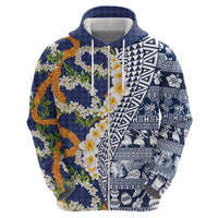 Hawaiian Plumeria Lei Zip Hoodie Kakau Motifs and Palaka Half Style Blue Color - Polynesian Pride