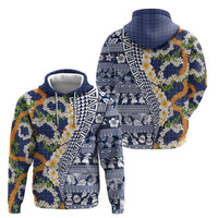 Hawaiian Plumeria Lei Zip Hoodie Kakau Motifs and Palaka Half Style Blue Color - Polynesian Pride