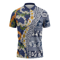 Hawaiian Plumeria Lei Zipper Polo Shirt Kakau Motifs and Palaka Half Style Blue Color - Polynesian Pride