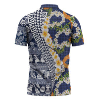 Hawaiian Plumeria Lei Zipper Polo Shirt Kakau Motifs and Palaka Half Style Blue Color - Polynesian Pride