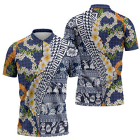 Hawaiian Plumeria Lei Zipper Polo Shirt Kakau Motifs and Palaka Half Style Blue Color - Polynesian Pride