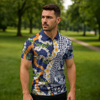 Hawaiian Plumeria Lei Zipper Polo Shirt Kakau Motifs and Palaka Half Style Blue Color - Polynesian Pride
