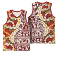 Hawaiian Plumeria Lei Basketball Jersey Kakau Motifs and Palaka Half Style Red Color - Polynesian Pride