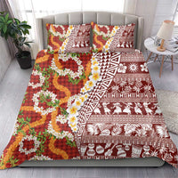 Hawaiian Plumeria Lei Bedding Set Kakau Motifs and Palaka Half Style Red Color - Polynesian Pride