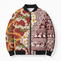 Hawaiian Plumeria Lei Bomber Puffer Jacket Kakau Motifs and Palaka Half Style Red Color - Polynesian Pride