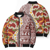 Hawaiian Plumeria Lei Bomber Puffer Jacket Kakau Motifs and Palaka Half Style Red Color - Polynesian Pride