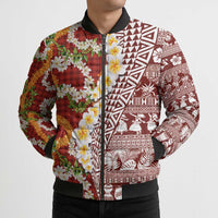 Hawaiian Plumeria Lei Bomber Puffer Jacket Kakau Motifs and Palaka Half Style Red Color - Polynesian Pride