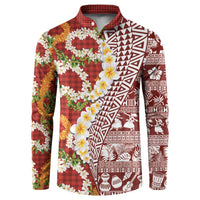 Hawaiian Plumeria Lei Button Sweatshirt Kakau Motifs and Palaka Half Style Red Color - Polynesian Pride