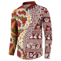 Hawaiian Plumeria Lei Button Sweatshirt Kakau Motifs and Palaka Half Style Red Color - Polynesian Pride