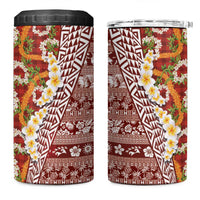 Hawaiian Plumeria Lei 4 in 1 Can Cooler Tumbler Kakau Motifs and Palaka Half Style Red Color - Polynesian Pride