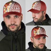 Hawaiian Plumeria Lei Classic Cap Kakau Motifs and Palaka Half Style Red Color - Polynesian Pride