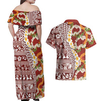 Hawaiian Plumeria Lei Couples Matching Off Shoulder Maxi Dress and Hawaiian Shirt Kakau Motifs and Palaka Half Style Red Color - Polynesian Pride