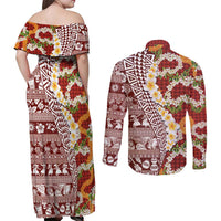 Hawaiian Plumeria Lei Couples Matching Off Shoulder Maxi Dress and Long Sleeve Button Shirt Kakau Motifs and Palaka Half Style Red Color - Polynesian Pride