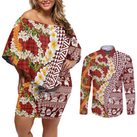 Hawaiian Plumeria Lei Couples Matching Off Shoulder Short Dress and Long Sleeve Button Shirt Kakau Motifs and Palaka Half Style Red Color - Polynesian Pride