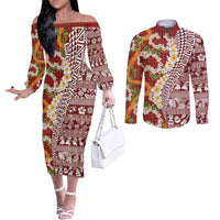 Hawaiian Plumeria Lei Couples Matching Off The Shoulder Long Sleeve Dress and Long Sleeve Button Shirt Kakau Motifs and Palaka Half Style Red Color - Polynesian Pride