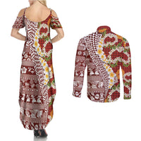 Hawaiian Plumeria Lei Couples Matching Summer Maxi Dress and Long Sleeve Button Shirt Kakau Motifs and Palaka Half Style Red Color - Polynesian Pride