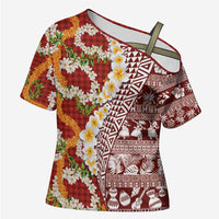 Hawaiian Plumeria Lei Cross Shoulder Shirt Kakau Motifs and Palaka Half Style Red Color - Polynesian Pride