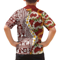 Hawaiian Plumeria Lei Family Matching Long Sleeve Bodycon Dress and Hawaiian Shirt Kakau Motifs and Palaka Half Style Red Color - Polynesian Pride