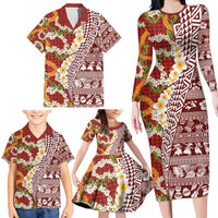 Hawaiian Plumeria Lei Family Matching Long Sleeve Bodycon Dress and Hawaiian Shirt Kakau Motifs and Palaka Half Style Red Color - Polynesian Pride